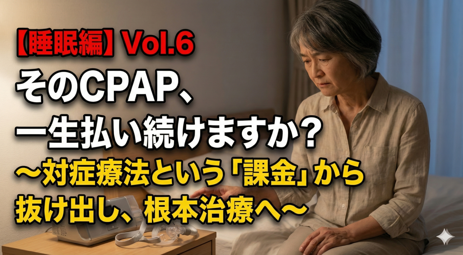 読むだけで健康になれる教科書 【睡眠編】 Vol.6 そのCPAP、 一生払い続けますか？ ～対症療法という「課金」から抜け出し、根本治療へ～